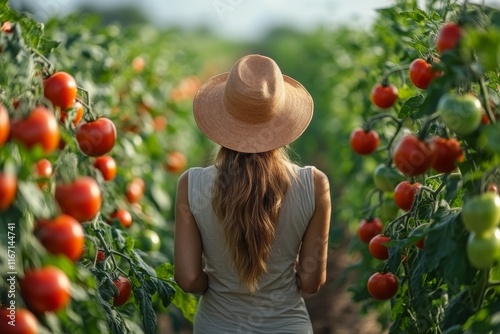Woman in straw hat admiring ripe tomatoes in a lush vegetable garden during a...