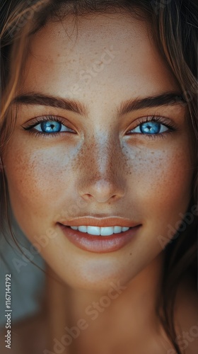 Beautiful woman with blue eyes and freckles smiling softly in natural light