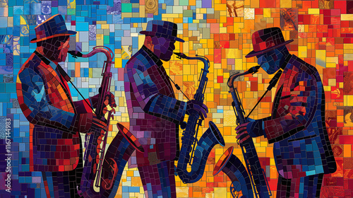 Mosaic-style jazz musicians playing saxophones