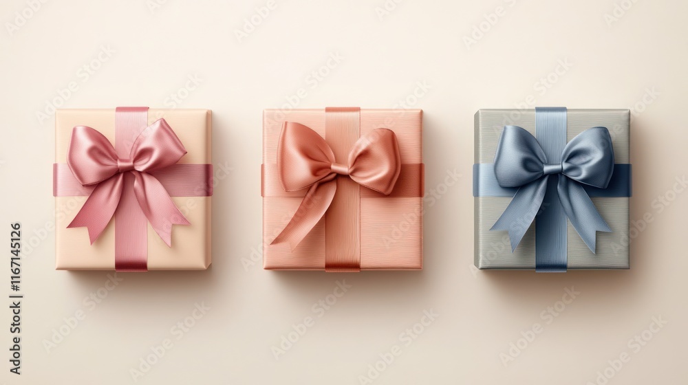 Obraz premium Three square gift boxes with pastel satin ribbons.