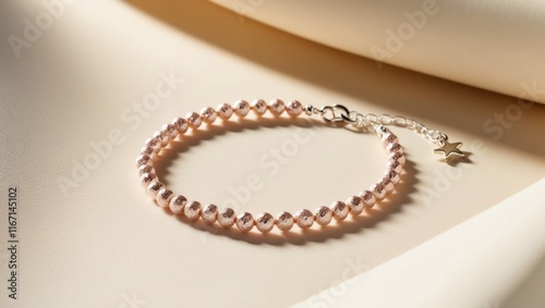 The image showcases a delicate bracelet adorned with sparkling pink crystals, strung together and culminating in a silver chain with a small star charm, all elegantly presented on a soft beige photo