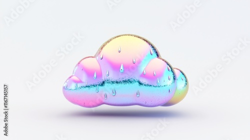 Whimsical Y2K Inspired 3D Icon of a Shiny Chromium Cloud with Exaggerated Raindrops on White Background photo