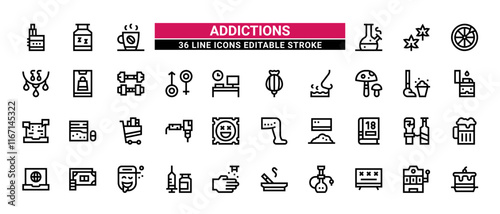 36 Addictions Line Icons Set Pack Editable Stroke Vector Illustration.