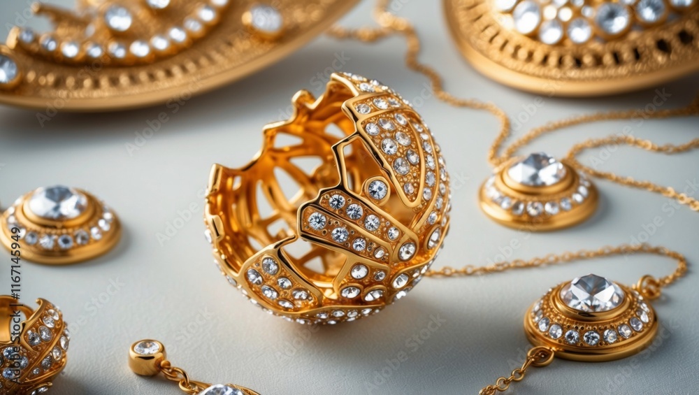 The image showcases a collection of exquisite gold jewelry pieces with intricate designs, featuring diamonds embedded within them, perfectly arranged on a neutral-toned backdrop. The set includes a The image showcases a collection of exquisite gold jewelry pieces with intricate designs, featuring diamonds embedded within them, perfectly arranged on a neutral-toned backdrop. The set includes a