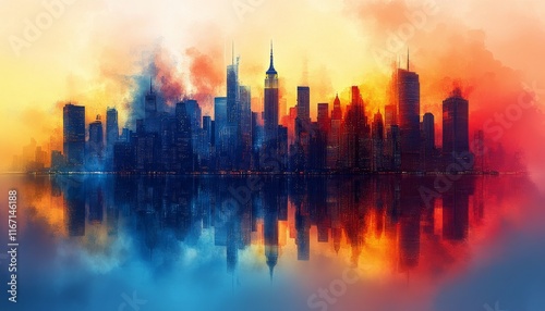 Stunning skyline reflection at sunset over a vibrant cityscape with colorful ...