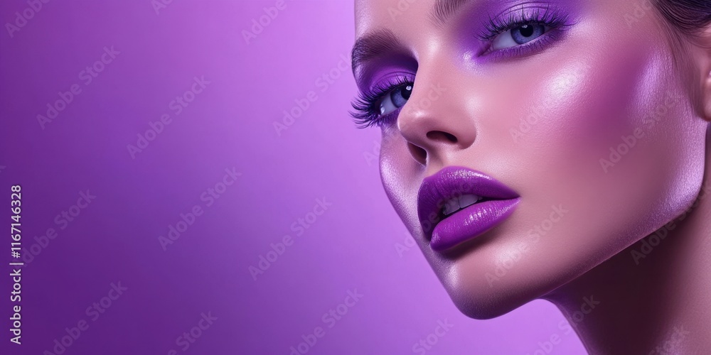 A beauty model displays striking purple eyeshadow, lipstick, and blush, creating a bold look that enhances her features against a soft purple backdrop A beauty model displays striking purple eyeshadow, lipstick, and blush, creating a bold look that enhances her features against a soft purple backdrop