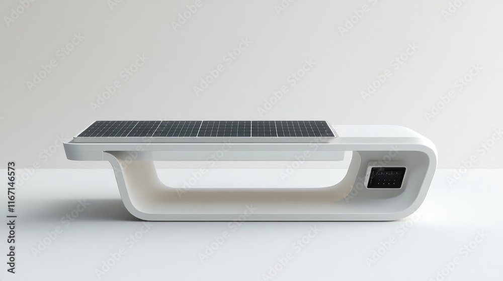 Modern solar-powered phone charging station, sleek white benches, compact table with solar panels, minimalist design, USB ports, pure white background. Modern solar-powered phone charging station, sleek white benches, compact table with solar panels, minimalist design, USB ports, pure white background.
