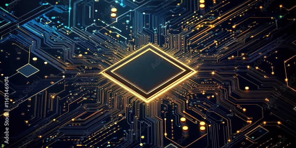 A high-tech circuit board with glowing chip elements, creating an abstract background for the tech industry. A high-tech circuit board with glowing chip elements, creating an abstract background for the tech industry.