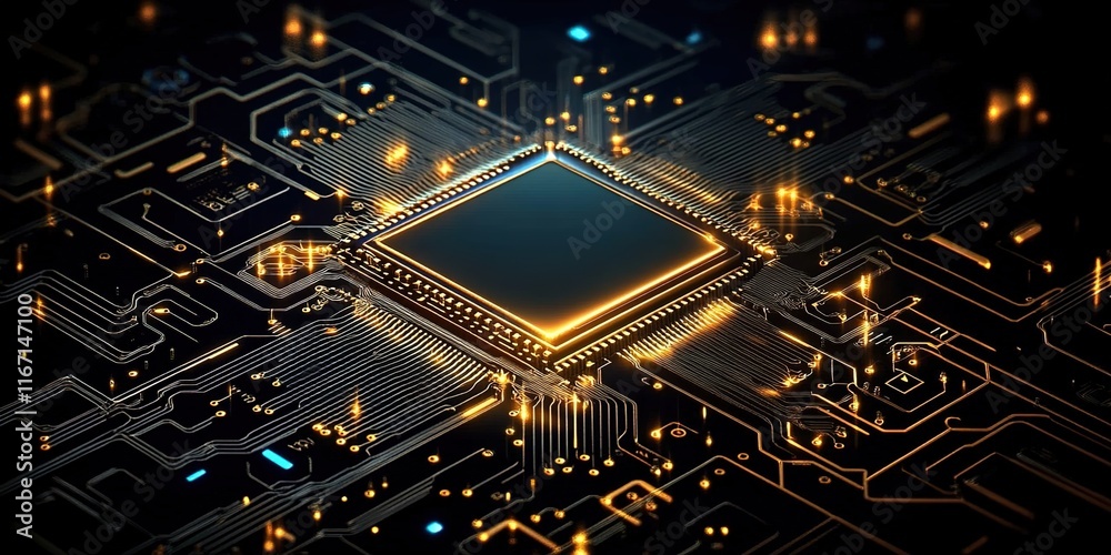 A high-tech circuit board with glowing chip elements, creating an abstract background for the tech industry. A high-tech circuit board with glowing chip elements, creating an abstract background for the tech industry.
