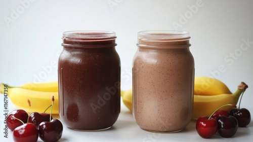 Cherry banana smoothie jars with fresh cherries on a bright background