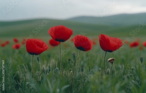 Bright red poppies bloom in a grassy field under a cloudy sky at dawn