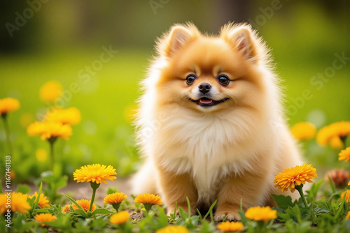 Small fluffy Pomeranian in sun drenched meadow with colorful flowers photo