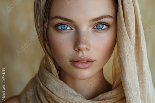 Woman with radiant blue eyes and tousled hair against a textured blue background