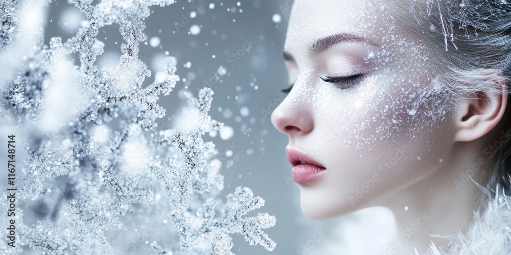 A young woman with pale skin and icy makeup gazes serenely as snowflakes fall around her, creating a truly enchanting winter atmosphere A young woman with pale skin and icy makeup gazes serenely as snowflakes fall around her, creating a truly enchanting winter atmosphere