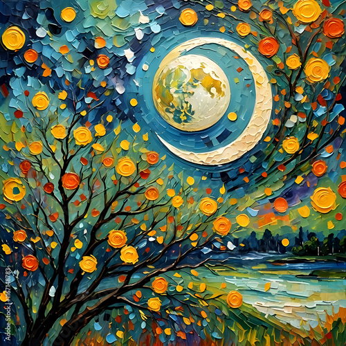 Moon oil painting wall art photo