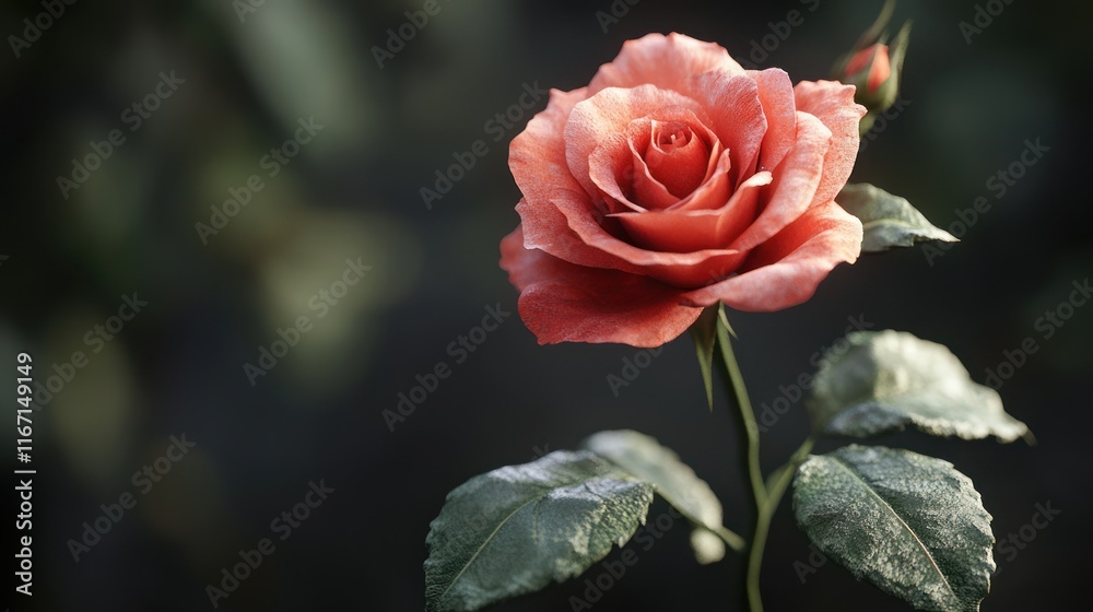 Single peach rose with dew drops on leaves. Single peach rose with dew drops on leaves.