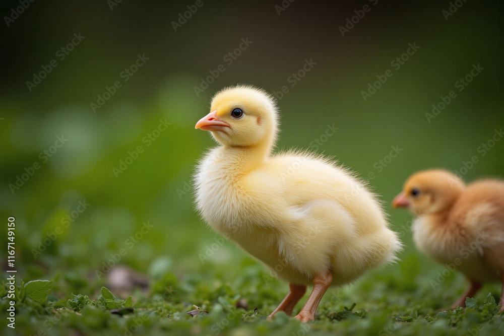 Two young chicks in a lush natural setting with different colors Two young chicks in a lush natural setting with different colors