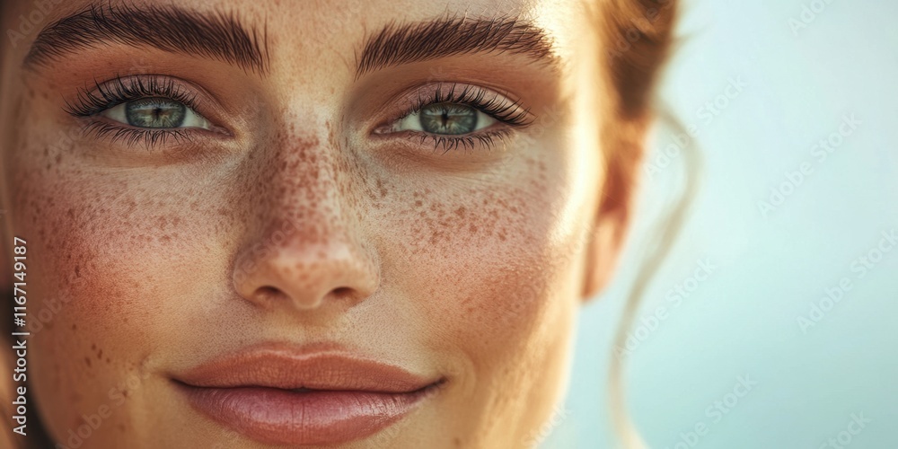 Fototapeta premium A woman with striking green eyes and freckles smiles warmly while basking in sunlight, showcasing her natural beauty against a scenic backdrop