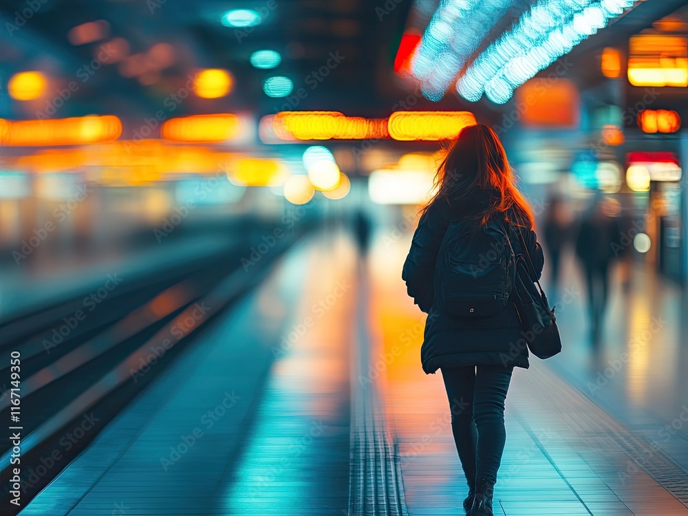 Fototapeta premium Blurred shot of people at a railway station in the city, capturing isolation, calm moments, and the essence of urban life with a girl in focus.