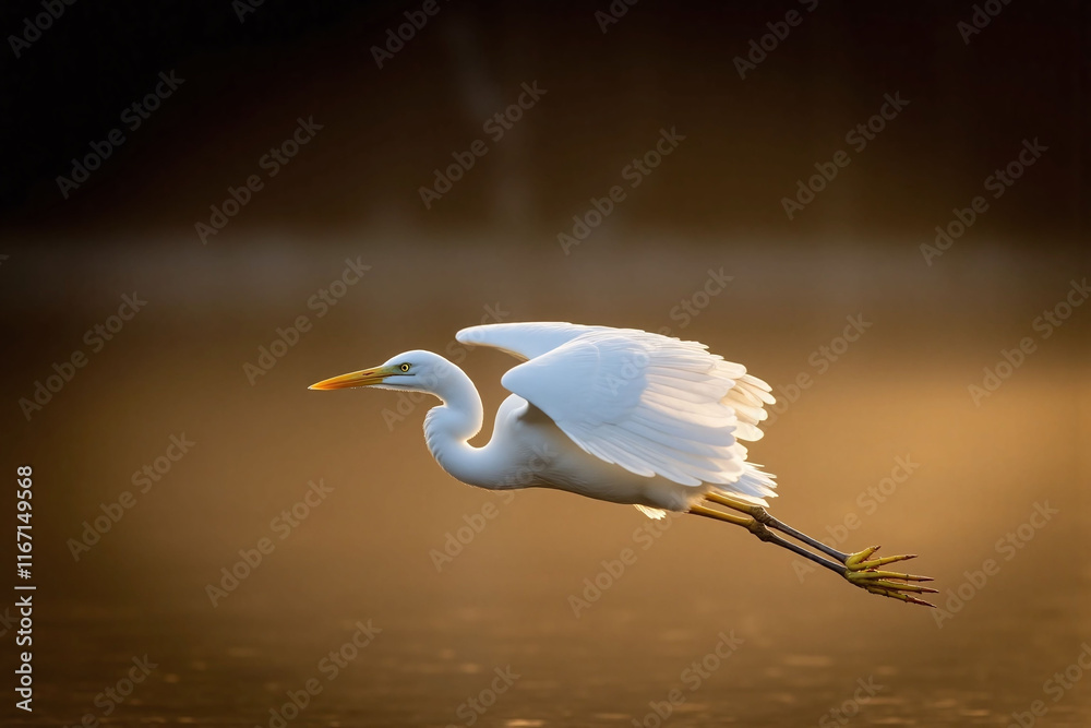 Obraz premium white heron in mid motion with spread wings in golden lit environment