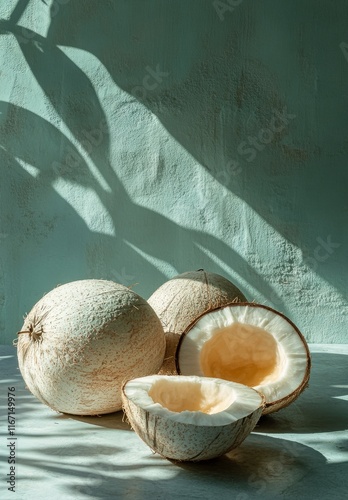 Fresh coconuts arranged on a marble surface with a soft blue background and o...
