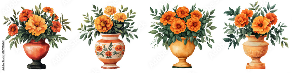 Obraz premium Vibrant Orange Floral Arrangements in Decorative Vases Displayed for Home Decor