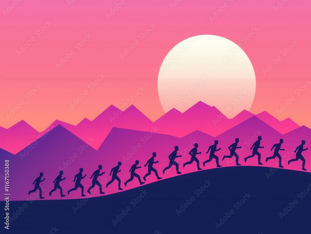 Naklejka premium Silhouette of Multiple Runners Against a Vibrant Sunset Over Mountains in a Colorful Sky