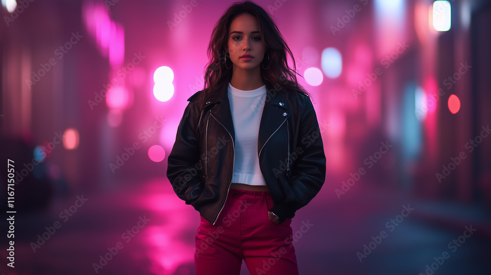 Fototapeta premium young woman stands confidently in stylish leather jacket and pink pants, surrounded by vibrant, neon lit urban environment. atmosphere is moody and captivating.