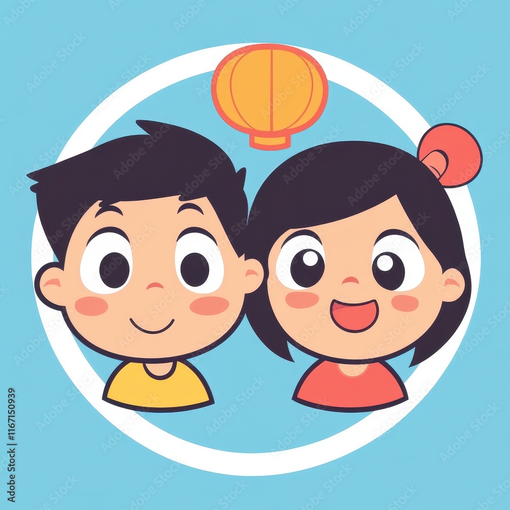 Cute Cartoon Characters Smiling Together Under a Lantern, Ideal for Celebrating Festivals, Family Bonds, and Joyful Moments in Children's Illustrations and Graphics Cute Cartoon Characters Smiling Together Under a Lantern, Ideal for Celebrating Festivals, Family Bonds, and Joyful Moments in Children's Illustrations and Graphics
