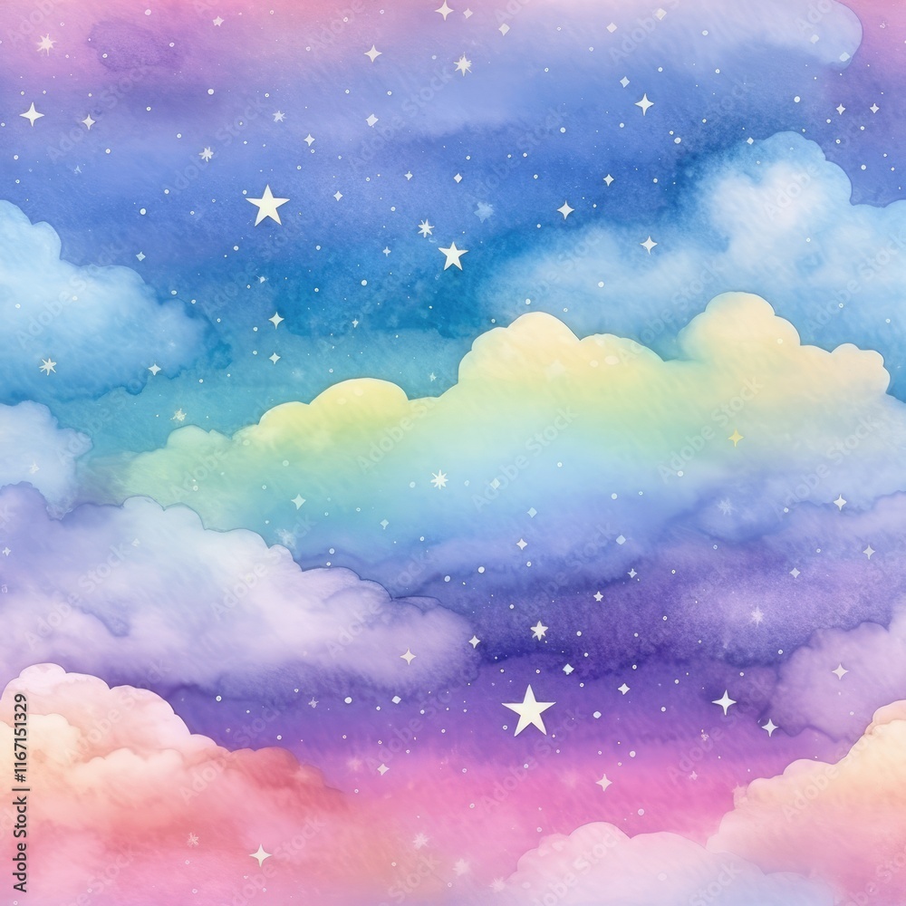 Background from magical fairy-tale gentle rainbow clouds with stars. For design of holiday invitations and cards. Background from magical fairy-tale gentle rainbow clouds with stars. For design of holiday invitations and cards.