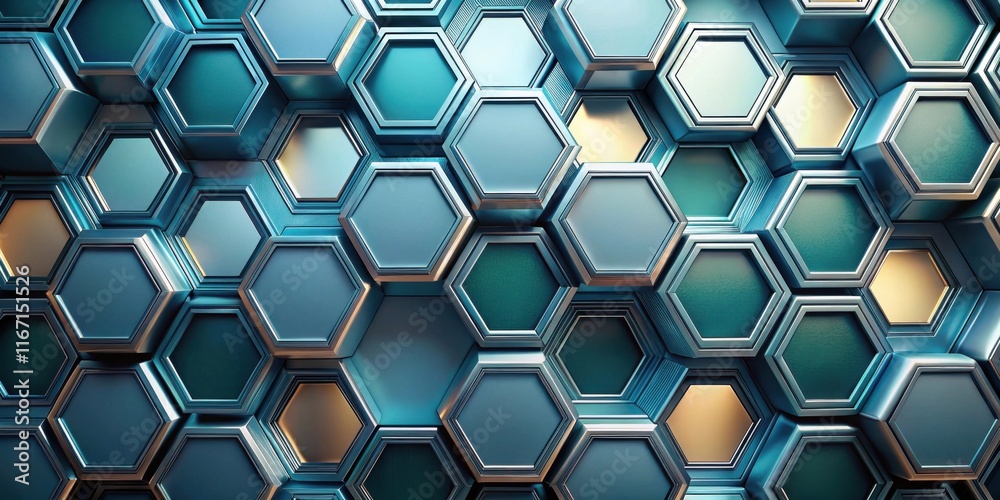 Abstract Hexagonal Metallic Structure  A Seamless Pattern of Teal and Gold Geometric Shapes