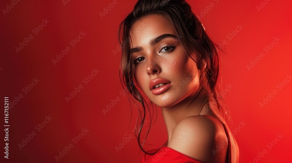 A woman posing against a red background with dramatic lighting, highlighting fashion A woman posing against a red background with dramatic lighting, highlighting fashion
