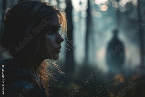 Woman in Foreboding Forest with Silhouetted Figure in Background, Misty Atmospheric Scene photo