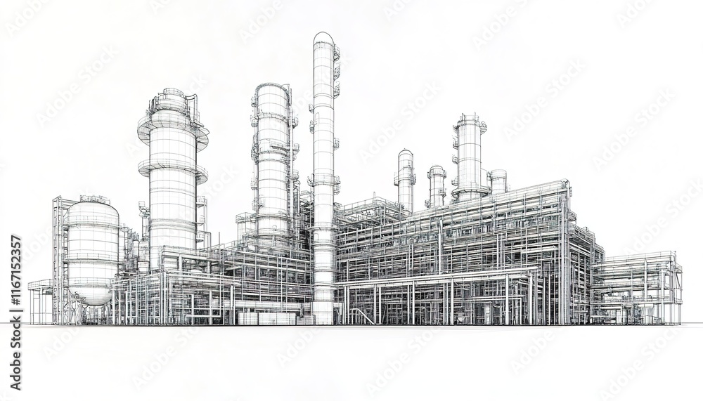 Obraz premium A large oil and gas production plant, drawn in black lines on white paper