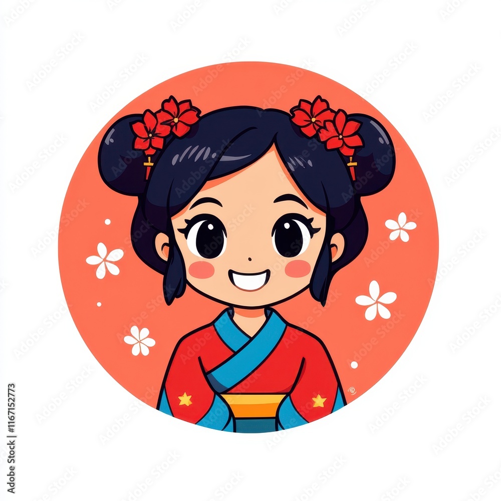 Colorful Cute Asian Girl Character with Traditional Attire and Floral Accents on a Bright Background, Perfect for Illustrations and Kid-Friendly Content Colorful Cute Asian Girl Character with Traditional Attire and Floral Accents on a Bright Background, Perfect for Illustrations and Kid-Friendly Content