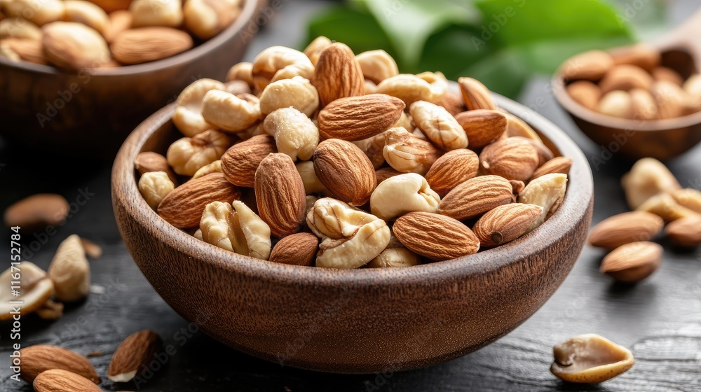 Assorted nuts in rustic wooden bowls highlighting natural textures and earthy tones for healthy snacking and culinary presentations Assorted nuts in rustic wooden bowls highlighting natural textures and earthy tones for healthy snacking and culinary presentations