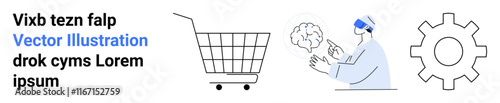 Scientist analyzing a brain with virtual reality, a shopping cart, and a gear icon representing automation. Ideal for e-commerce, AI tech, automation, retail innovation, technology integration