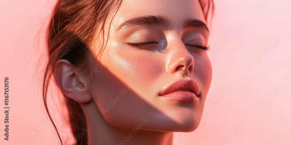 A young woman with flawless skin and delicate features savors the warmth of sunlight, her eyes closed in tranquility against a gentle pink backdrop A young woman with flawless skin and delicate features savors the warmth of sunlight, her eyes closed in tranquility against a gentle pink backdrop