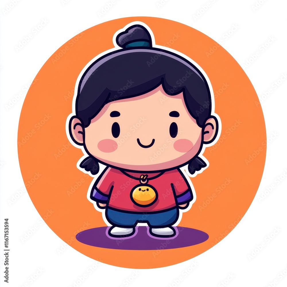 Cute Cartoon Character with Orange Pendant in Bright Orange Circle Background, Ideal for Kids' Illustrations, Educational Content, or Fun Designs Cute Cartoon Character with Orange Pendant in Bright Orange Circle Background, Ideal for Kids' Illustrations, Educational Content, or Fun Designs