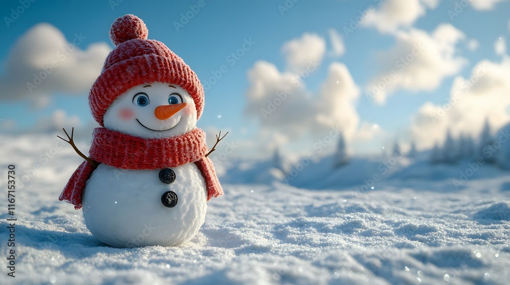 Obraz premium Cheerful snowman with red knit hat and scarf in a snowy field, bright blue sky, and crisp winter day, featuring a photorealistic winter wonderland scene.