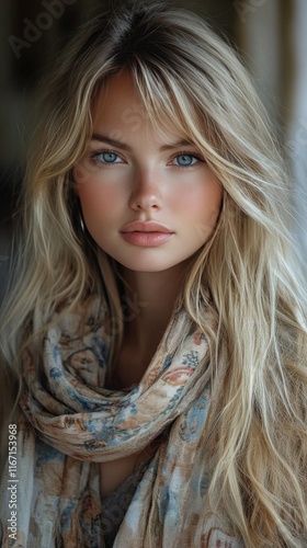 Young woman with long blonde hair and a colorful scarf posed in soft natural ...