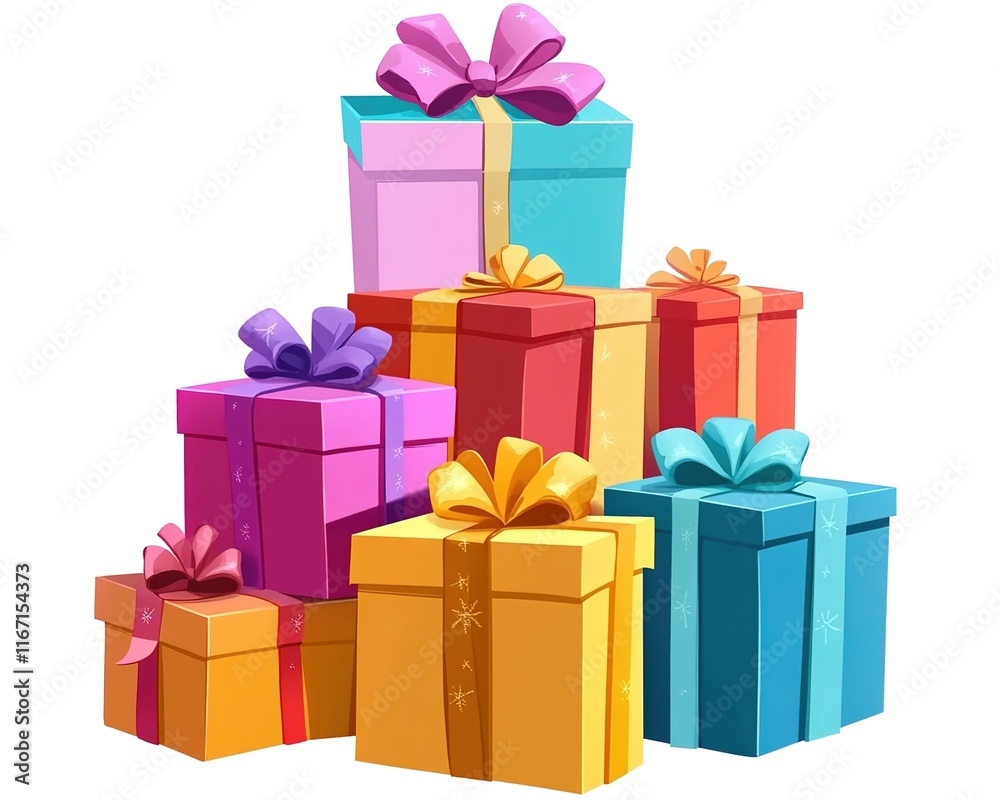 Fototapeta premium Colorful birthday gifts stacked on a white background.