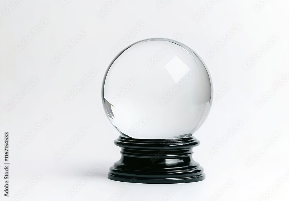 White background, crystal ball on a stand, isolated, with white space around the glass sphere.