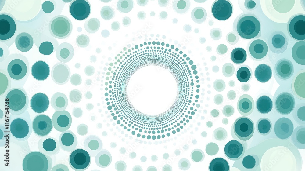 Fototapeta premium Abstract teal and green circles swirling into a white center.