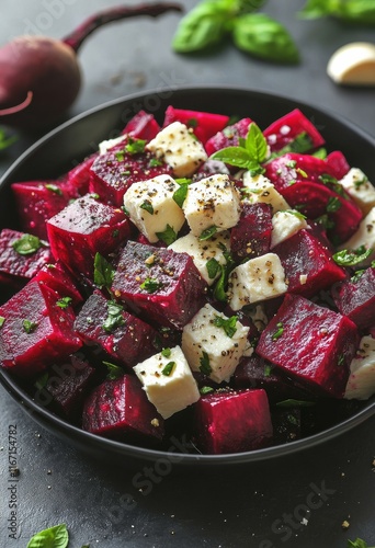 Colorful beetroot salad with feta cheese and herbs served in a black bowl