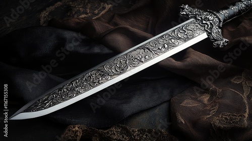 Elegant sterling silver sword with intricate designs and sleek matte blade showcased on dark fabric for a captivating photographic composition photo