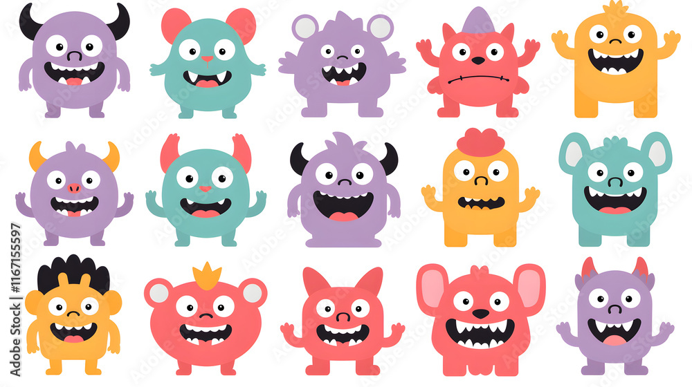 Set of 25 vibrant and unique monster character designs for game or stickers Set of 25 vibrant and unique monster character designs for game or stickers