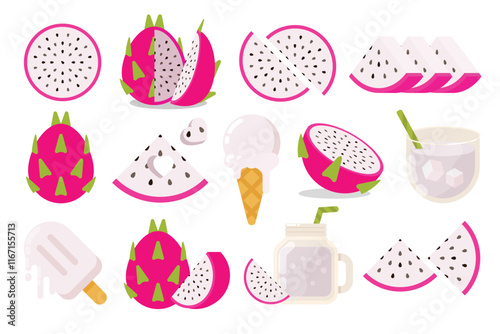 Set of White Dragon fruit, Farm fresh product emblem for grocery shop, collection of ice cream, Juice jar, glass of juice, ice cream cone and stick, simple flat vector illustration of fruits.