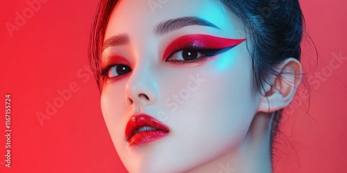 A model showcases stunning bold makeup with dramatic eyeliner and bright colors, set against a vivid background that enhances the artistic effect