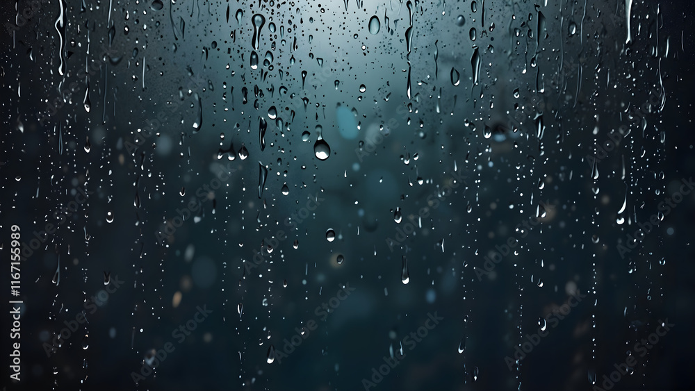 Fototapeta premium Background of wet glass with raindrops in a moody style against a blurred backdrop